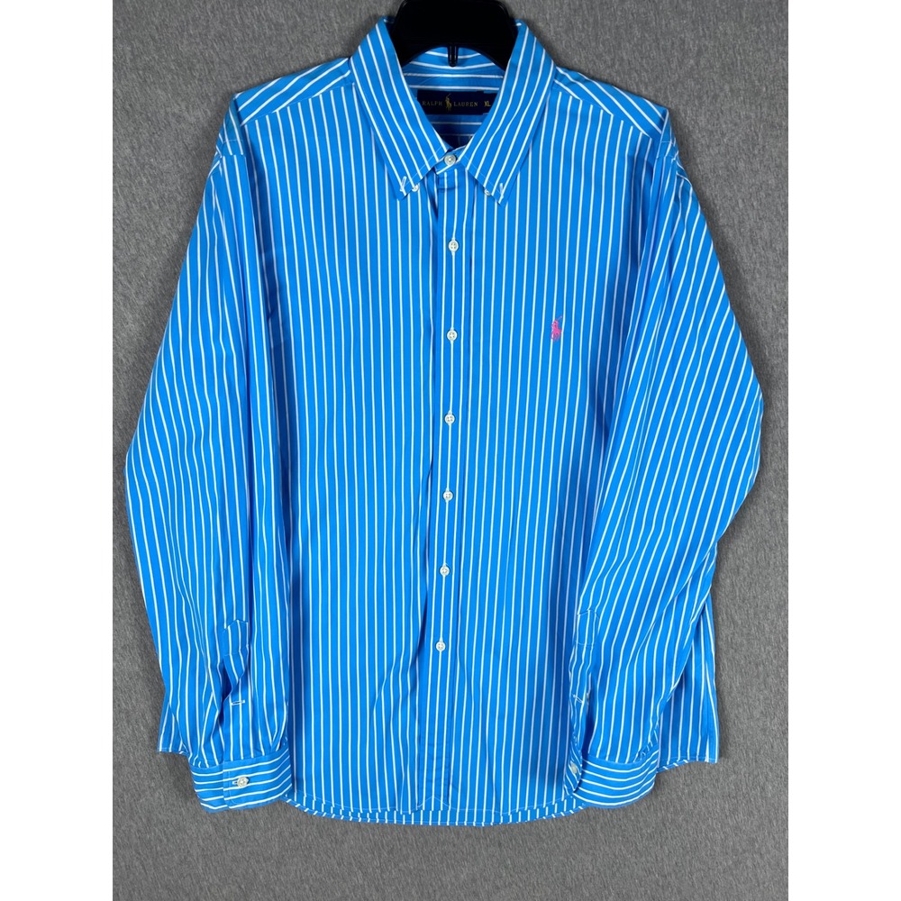 Ralph Lauren Mens XL Blue White Striped Button Down Shirt Pink Pony Cotton